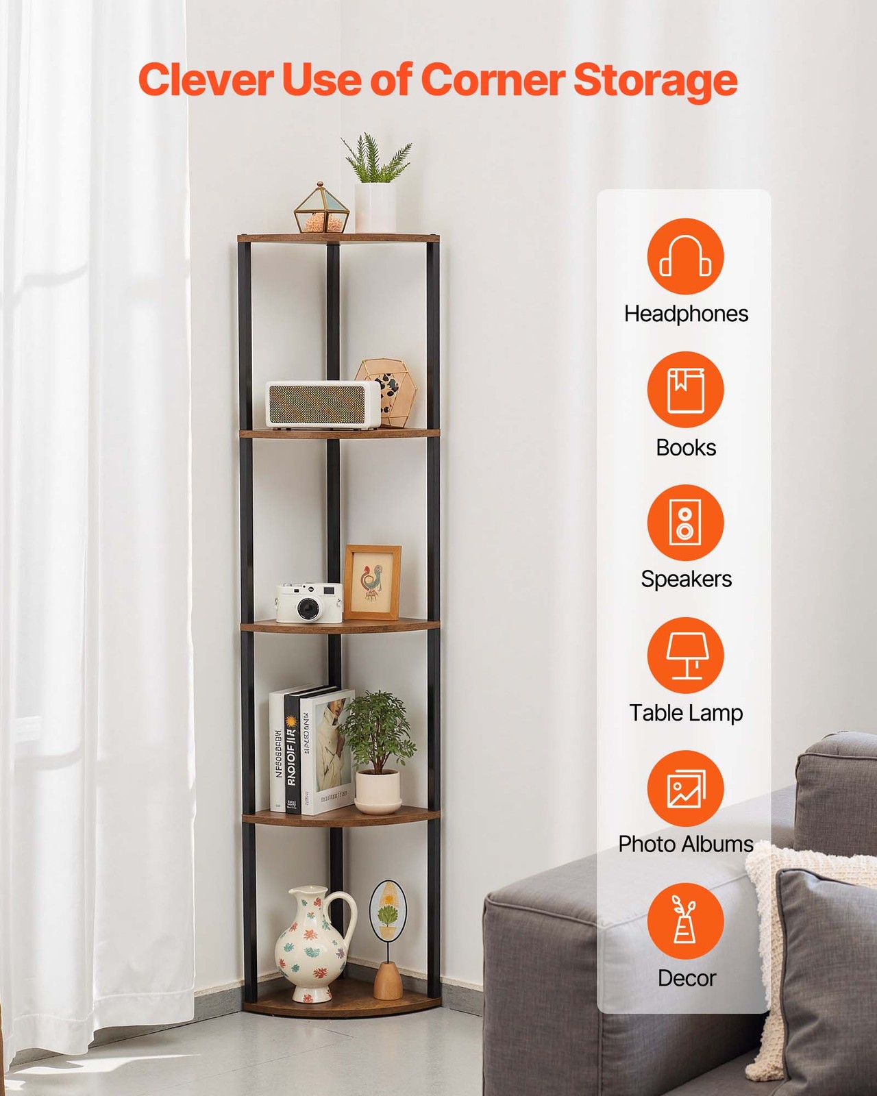 5 Tier Corner Shelf Tall Corner Stand with LED Light Narrow Display Rack