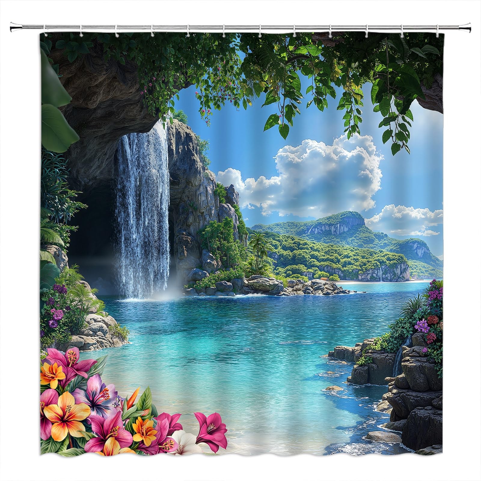 Tropical Ocean Shower Curtain Blue Sea Leaves Floral Hawaii Nature 1 PCS