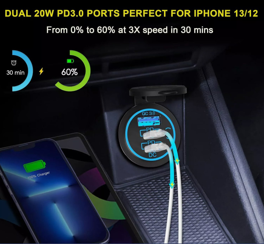 12V-24V QC3.0 + PD USB C Car Fast Charger Power Socket Outlet for Boat RV Marine