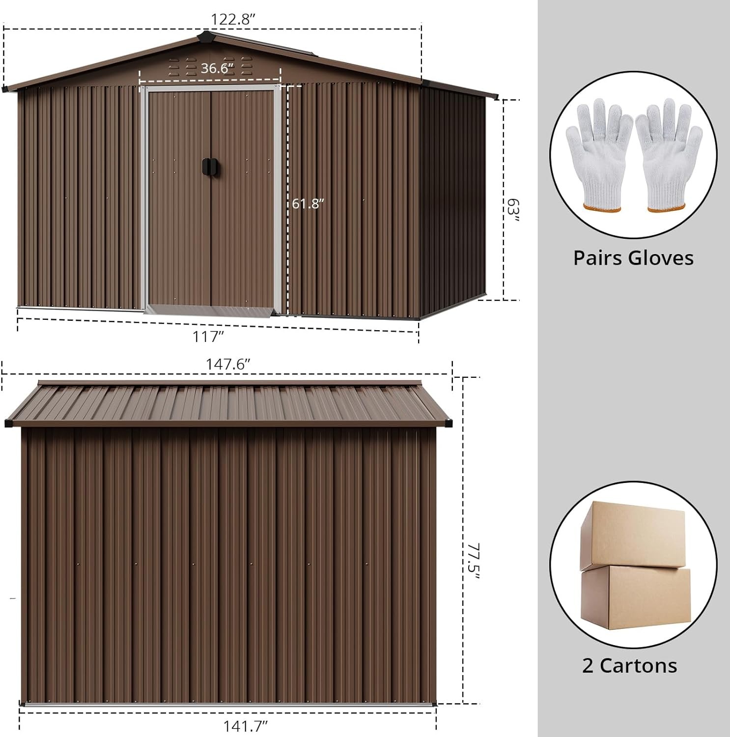 10x12 ft Metal Outdoor Storage Shed Galvanized Garden Shed with Lockable Doors