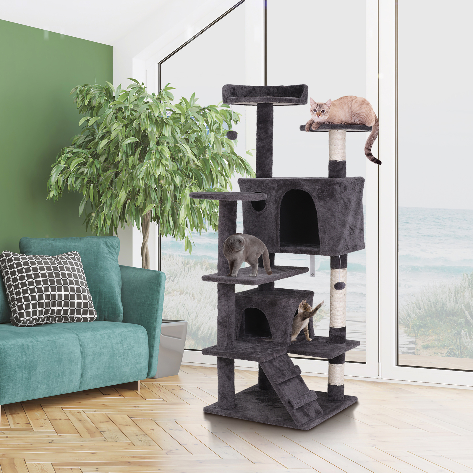 Durable 55" Cat Tree Activity Tower Pet with Scratching Posts Ladders Indoor