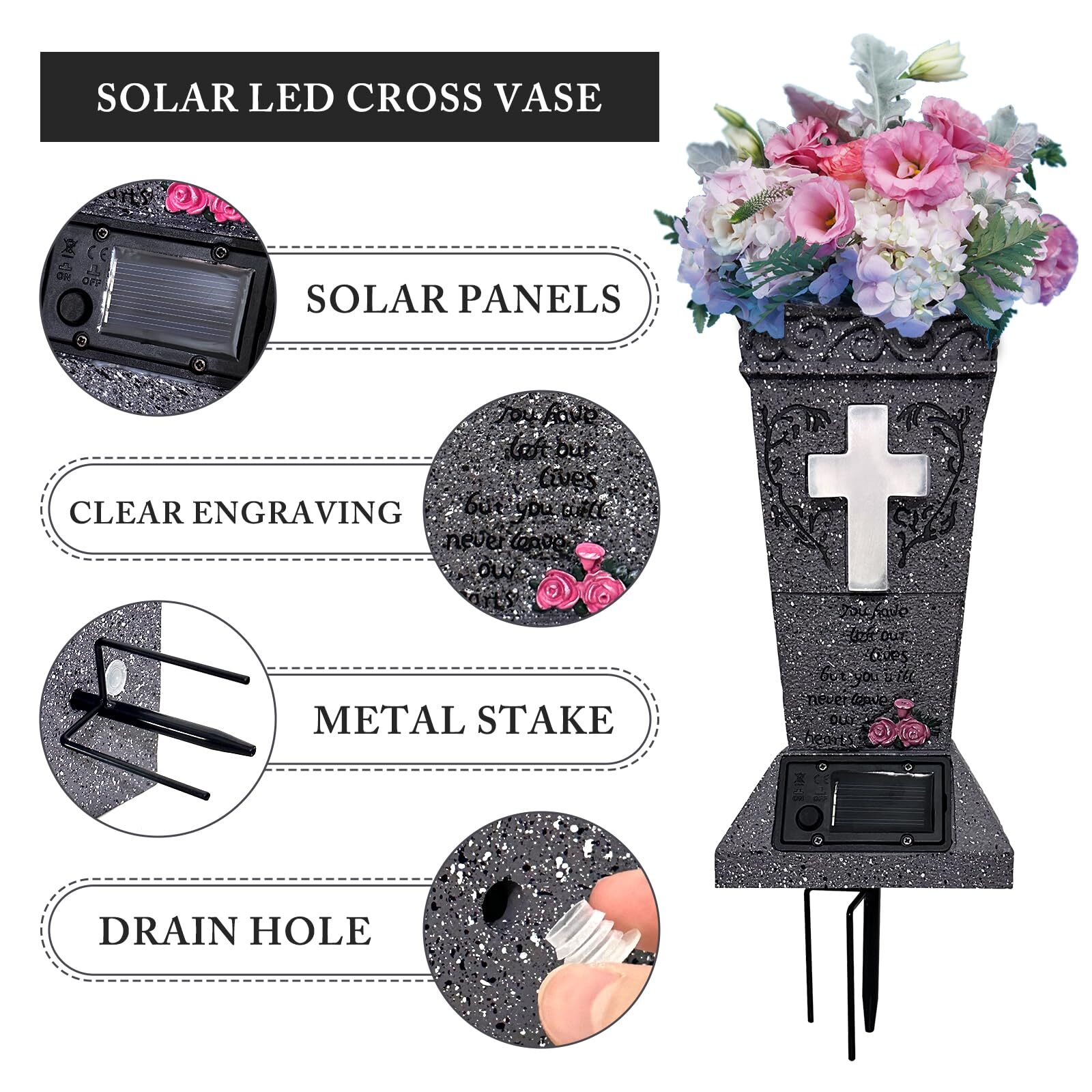 Solar Cemetery Vase with LED Cross Lamp Memorial Flower Holder with Spike Hea...