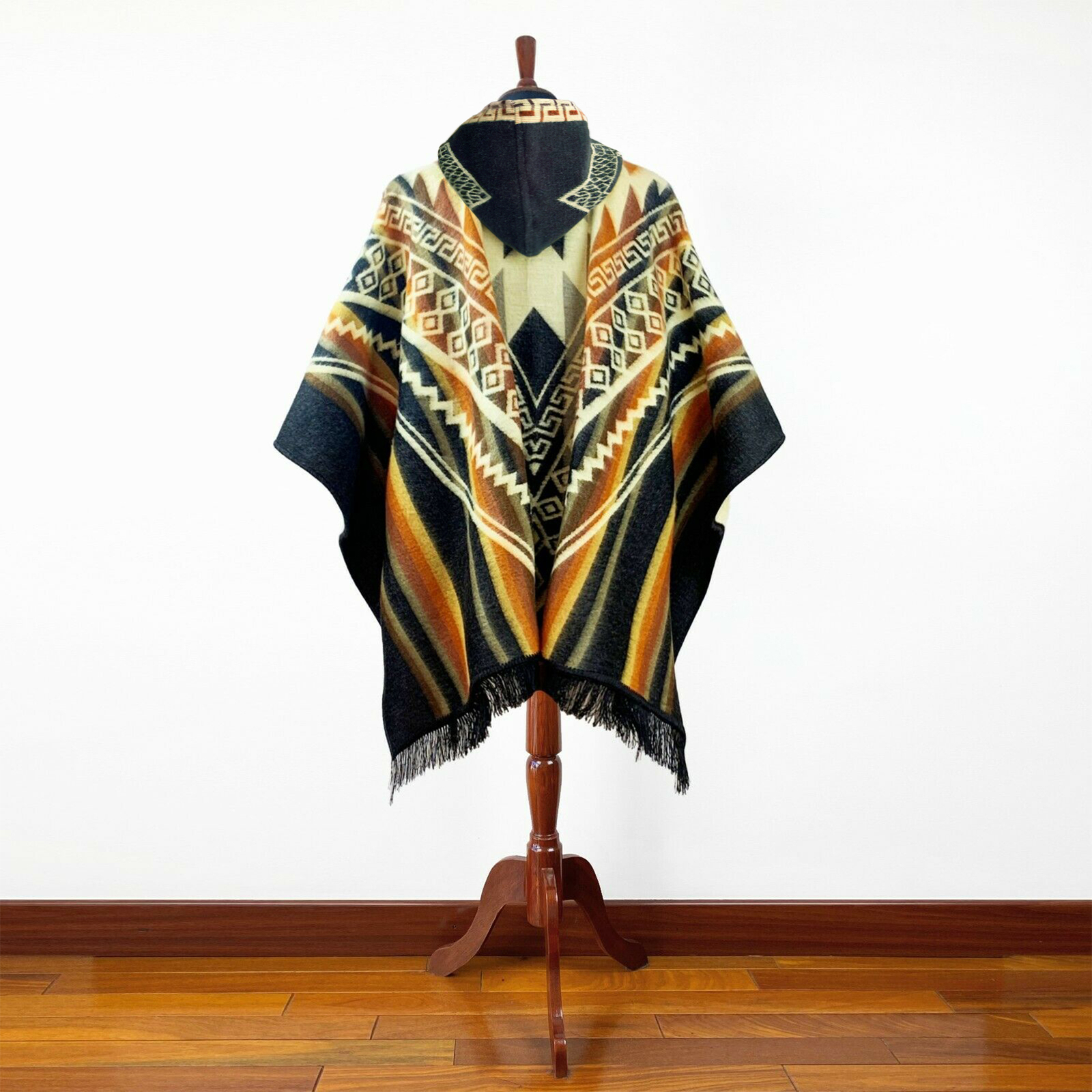 Alpaca wool Hooded Poncho Unisex Aztec pattern all seasons boho hippie XXL BLACK