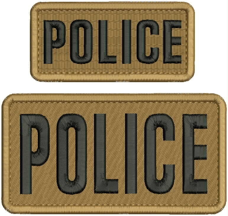 POLICE EMBROIDERY PATCHES 3X6 AND 2X4.5 HOOK ON BACK  BLACK ON COYOTE BROWN