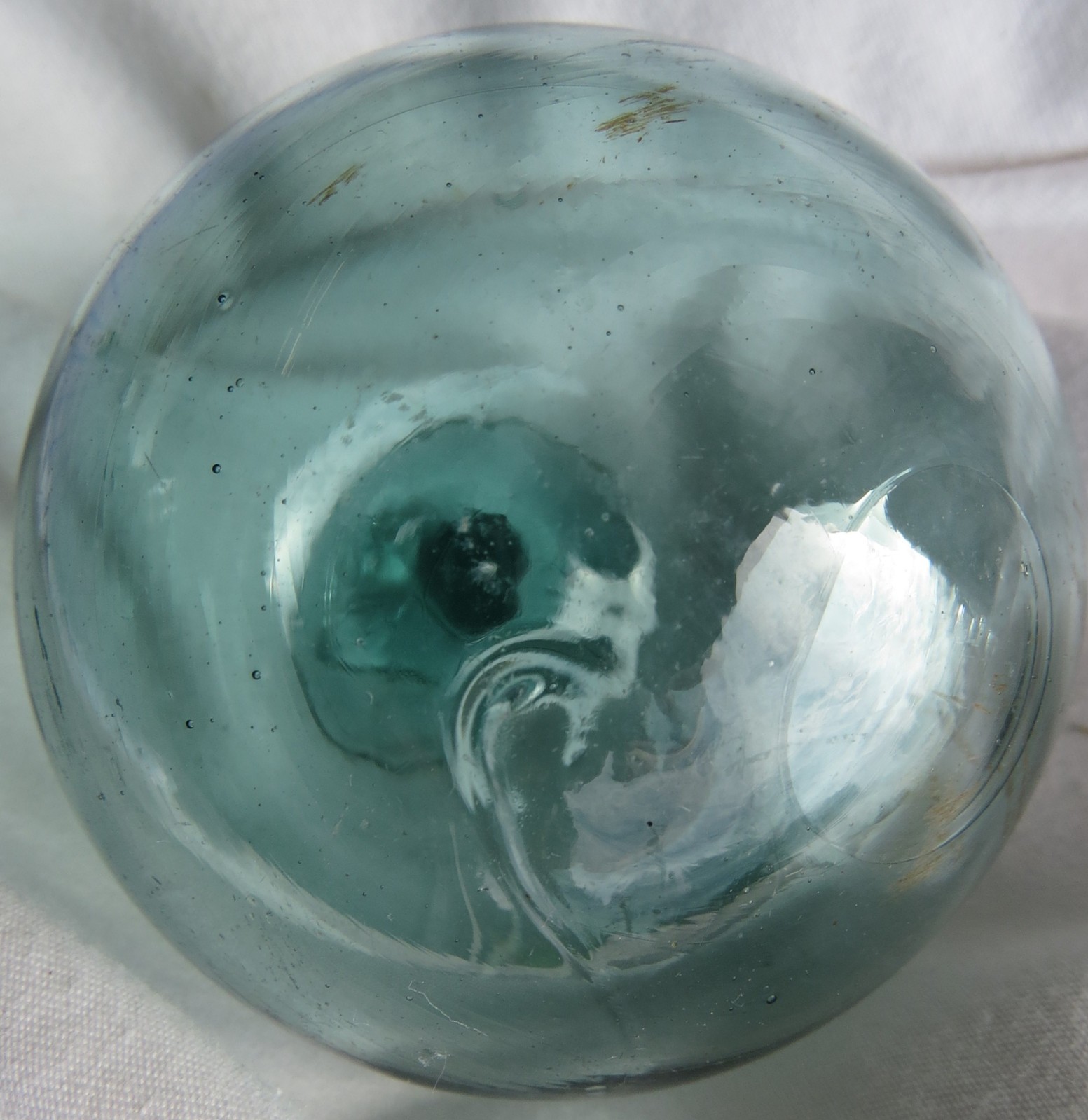 Japanese Blown Glass FLOAT 2.5" Aqua WP Makers Mark #11 "river-mouth" Vtg USA BZ