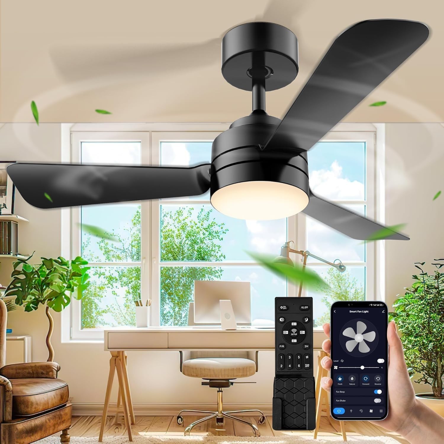 28" Modern Fan Lights Flush Mount LED Ceiling Light kit W/ APP Remote Control