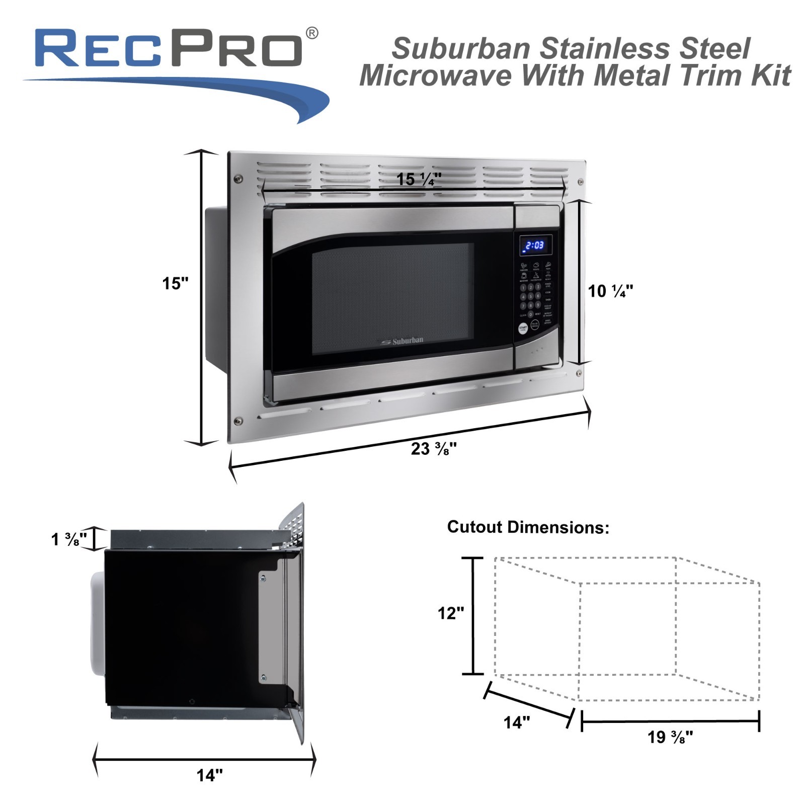 RecPro Suburban RV Built-In Microwave 0.9 Cu Ft Stainless Steel w/ Trim Kit 900W
