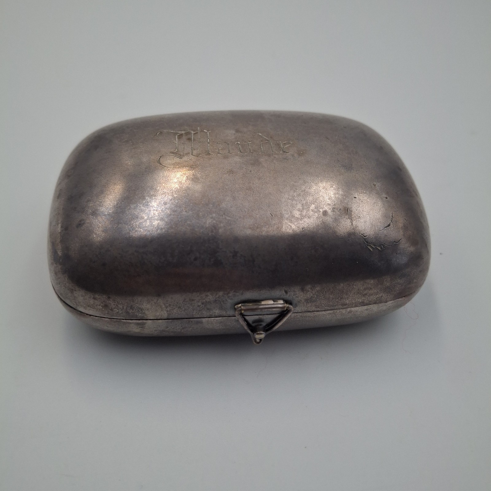 ​Antique Silver-Plate Trinket Box Engraved "Maude" Victorian Keepsake Snuff Box