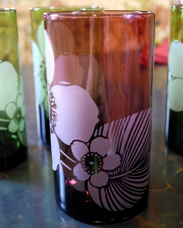 Vtg Set 8 PIER 1 Tumbler Glasses ETCHED FLOWER Hand Blown 6" Multicolor 20 Ounce