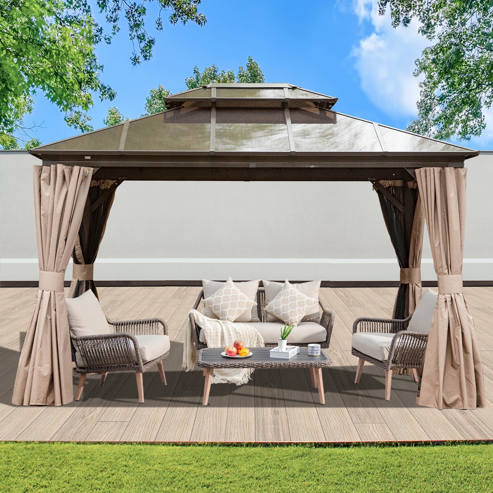 Domi 10x12ft Hardtop Gazebo Double Polycarbonate Roof Canopy W/Curtains and Net