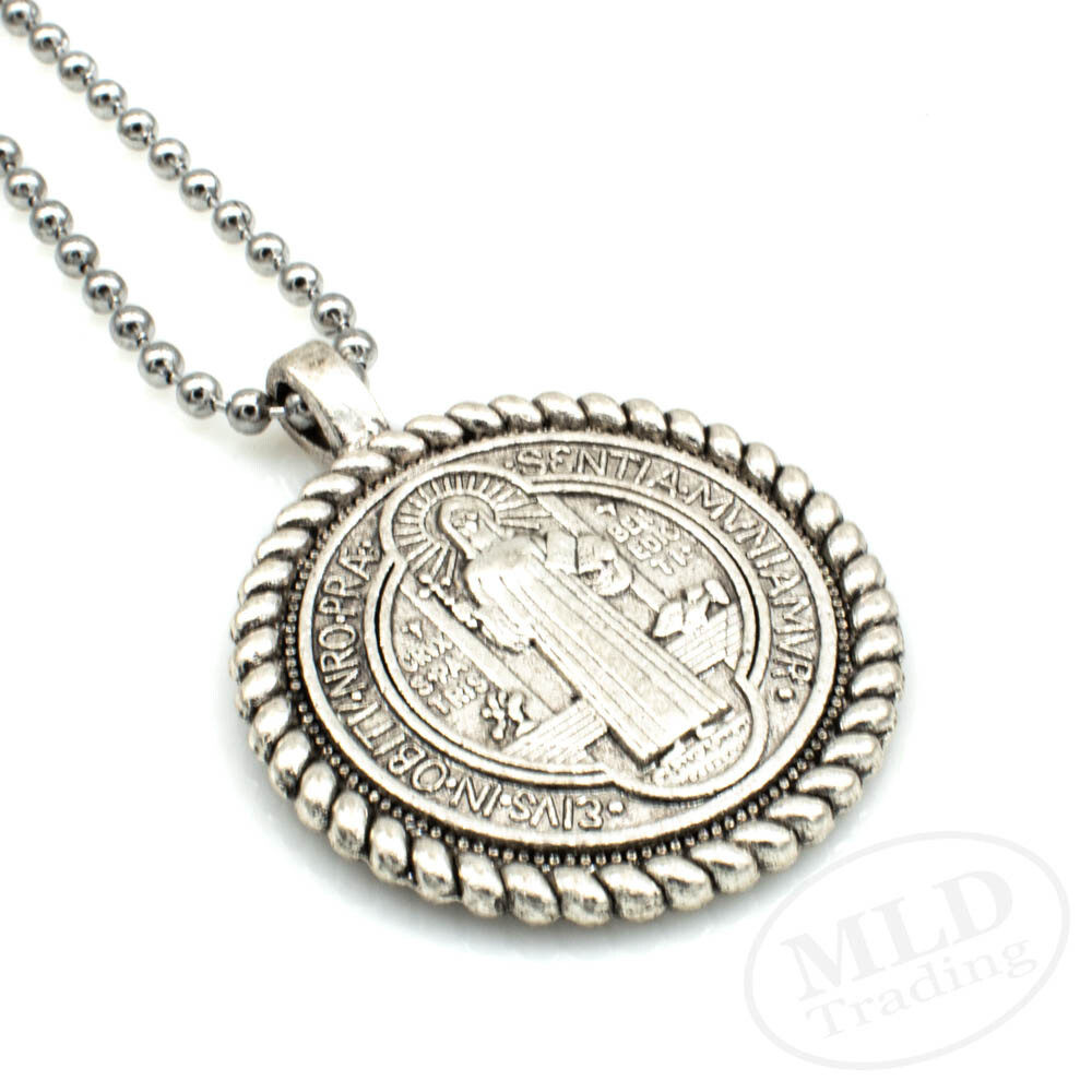 Knot Border Saint St Benedict Medal Pendant Necklace 24" Ball Chain Silver Tone