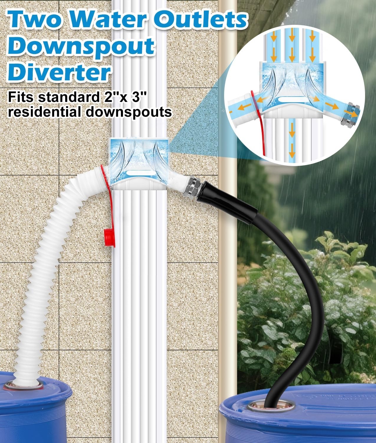 WADEO Rain Barrel Diverter for 2 x 3 Downspout with 5FT Hose