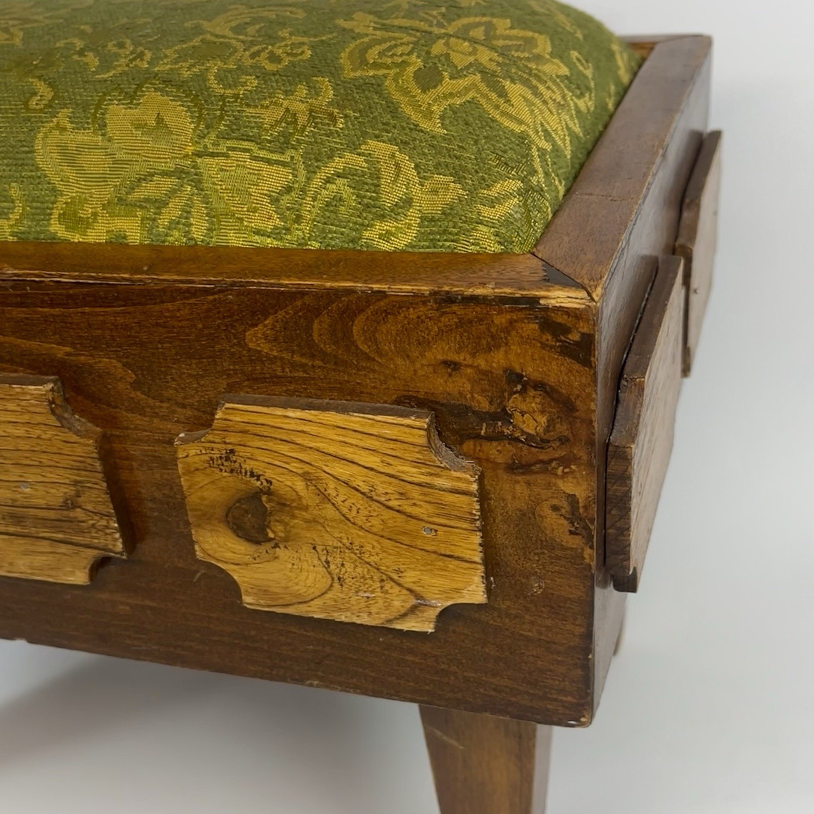 Antique Mission Style Arts & Crafts Wood Foot Stool w/ Green Damask Fabric Top