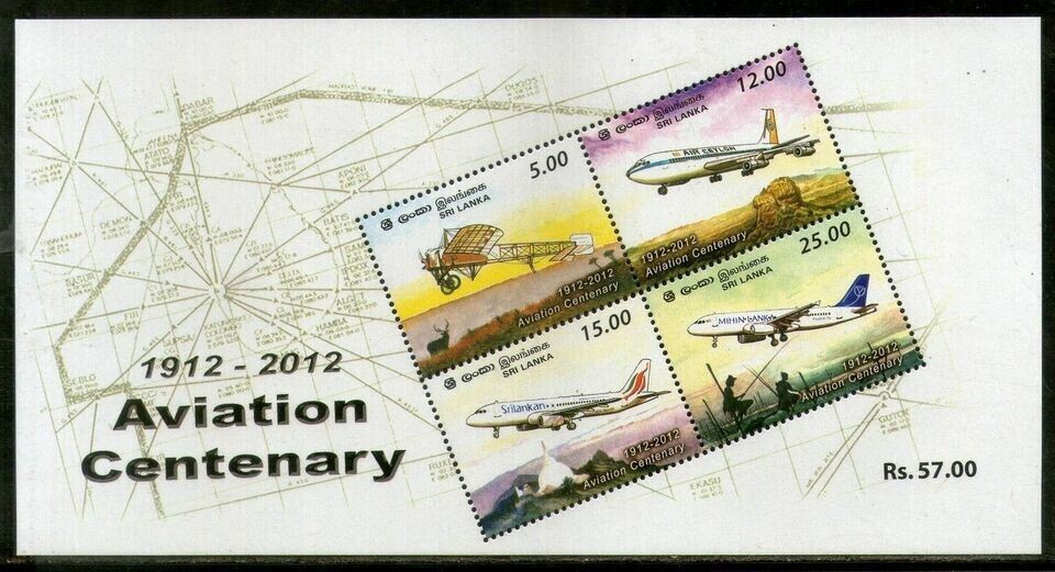 SRI LANKA 2012 Aviation Centenary Transport Aircrafts Temple Animals Minisheet