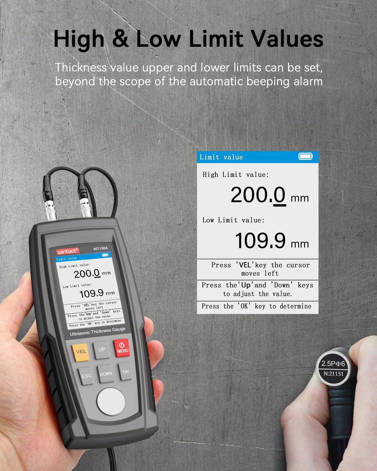 Digital Ultrasonic Thickness Gauge Tester 0.039 to 11.81 in For Metal Cast Iron