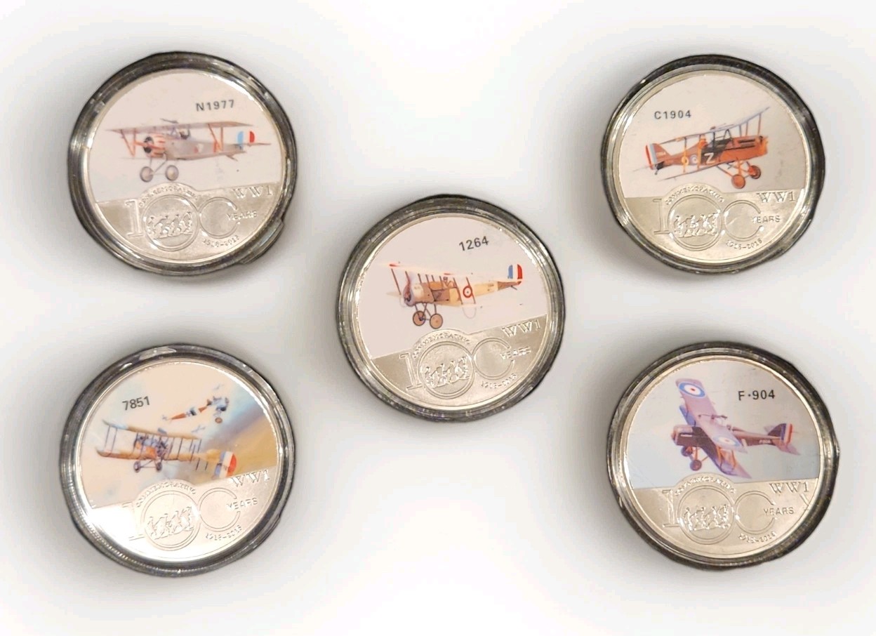WWI 100 Years Anniversary Commemorative Coin Set Aircraft Designs Box
