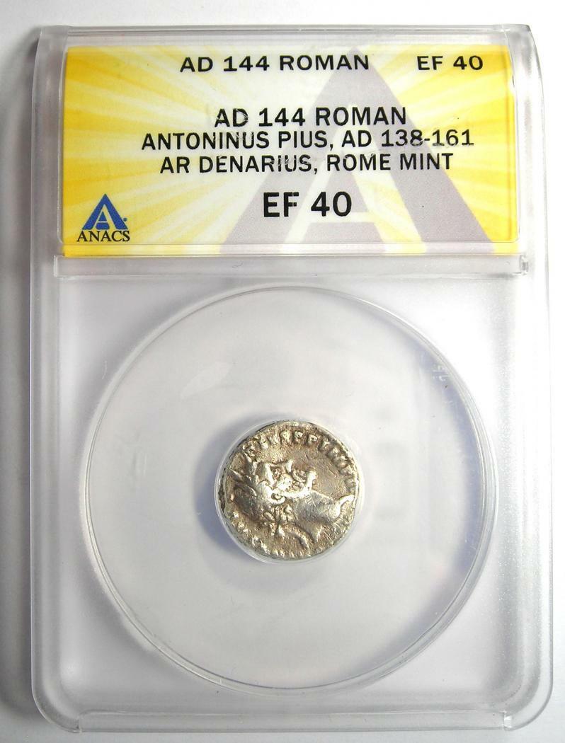 Antoninus Pius AR Denarius Silver Coin 144 AD - Certified ANACS XF40 (EF40)