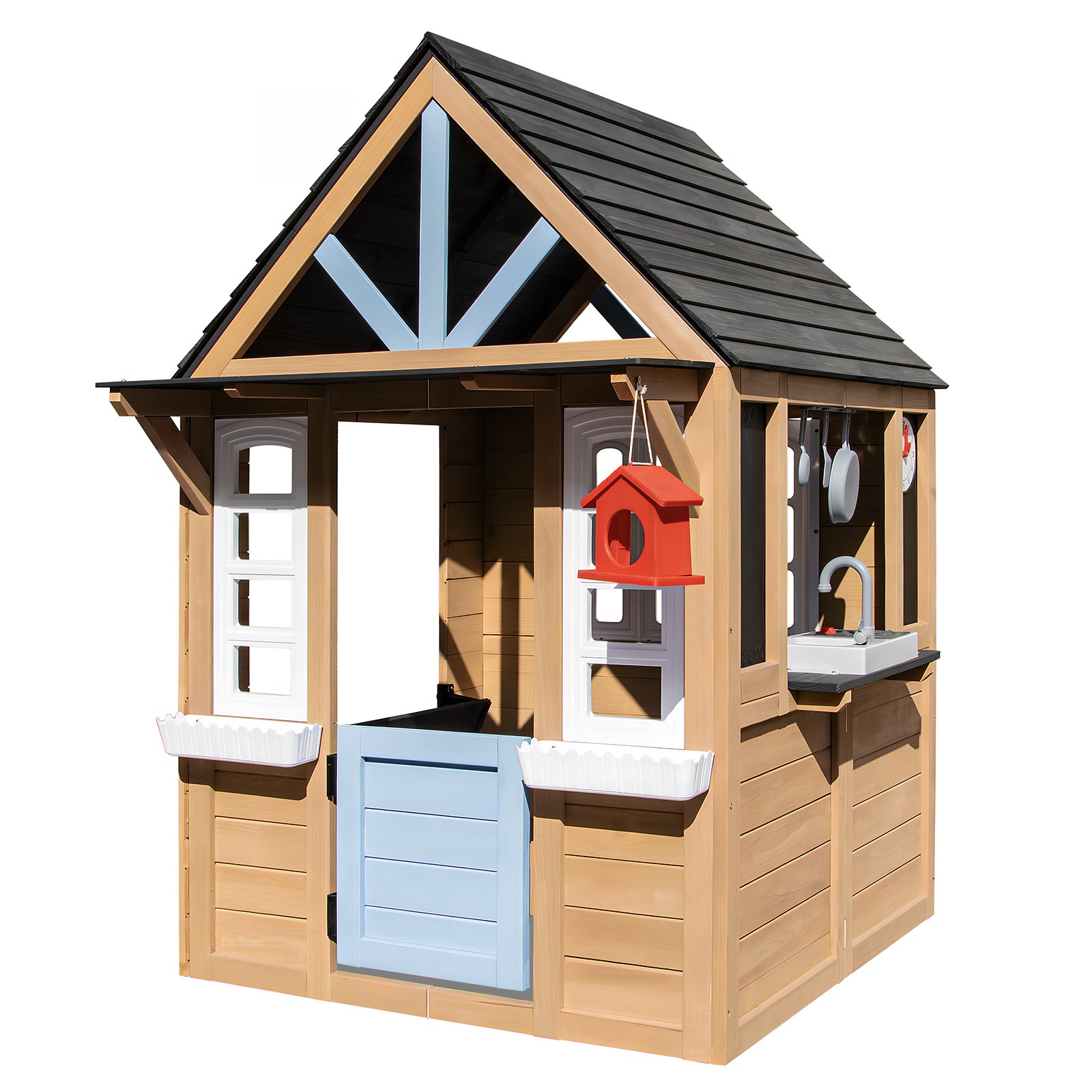 Kids Wooden Playhouse with Bench,Play Kitchen,Chalkboard,Flowerpot,Birdcage