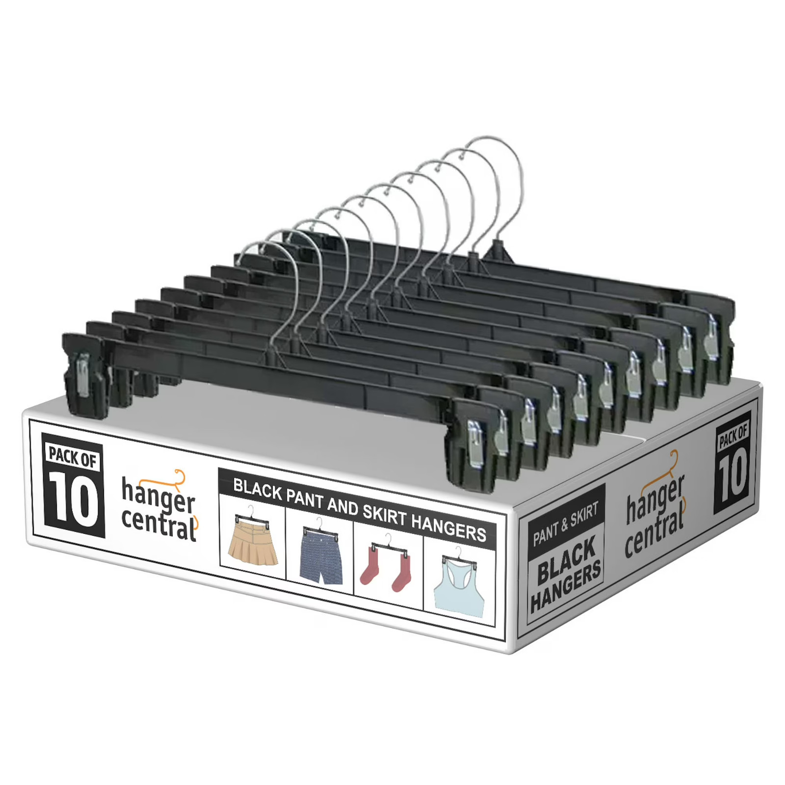 Hanger Central Black Plastic Pants Hangers 10 Pack 10 Inch w/ Clips Heavy Duty