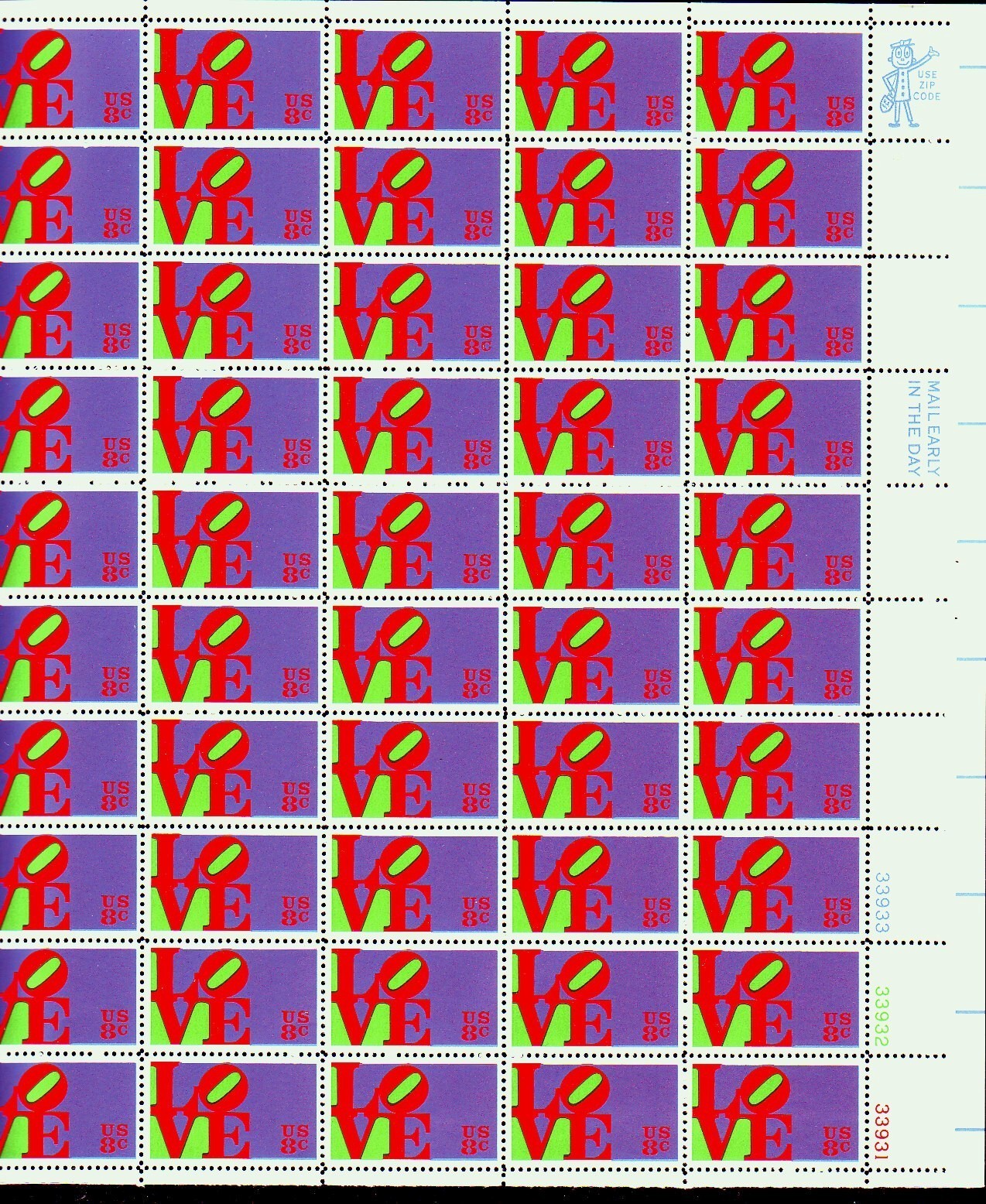 #1475 LOVE. MINT SHEET.  F- VF NH. BCV $15.75