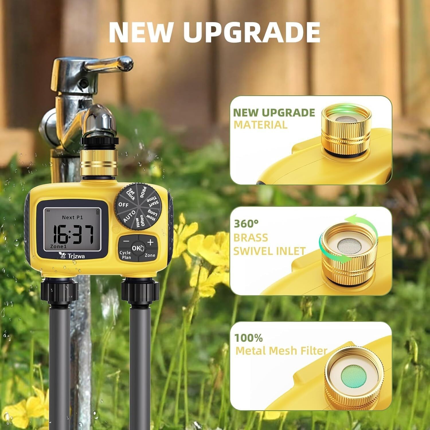 2-Zone Programmable Sprinkler Timer Outdoor with Brass Swivel for Garden Hose