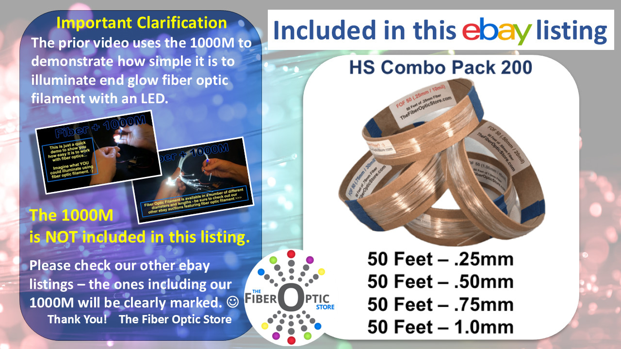 Fiber Optic Lighting Filament-50ft of each thickness: .25mm .50mm .75mm & 1.0mm