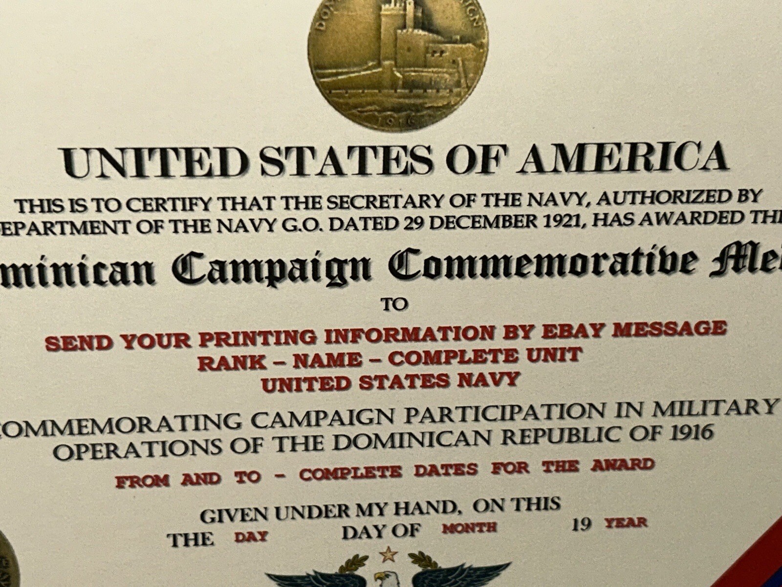 DOMINICAN CAMPAIGN (NAVY) COMMEMORATIVE MEDAL CERTIFICATE ~ W/PRINTING TYPE-1