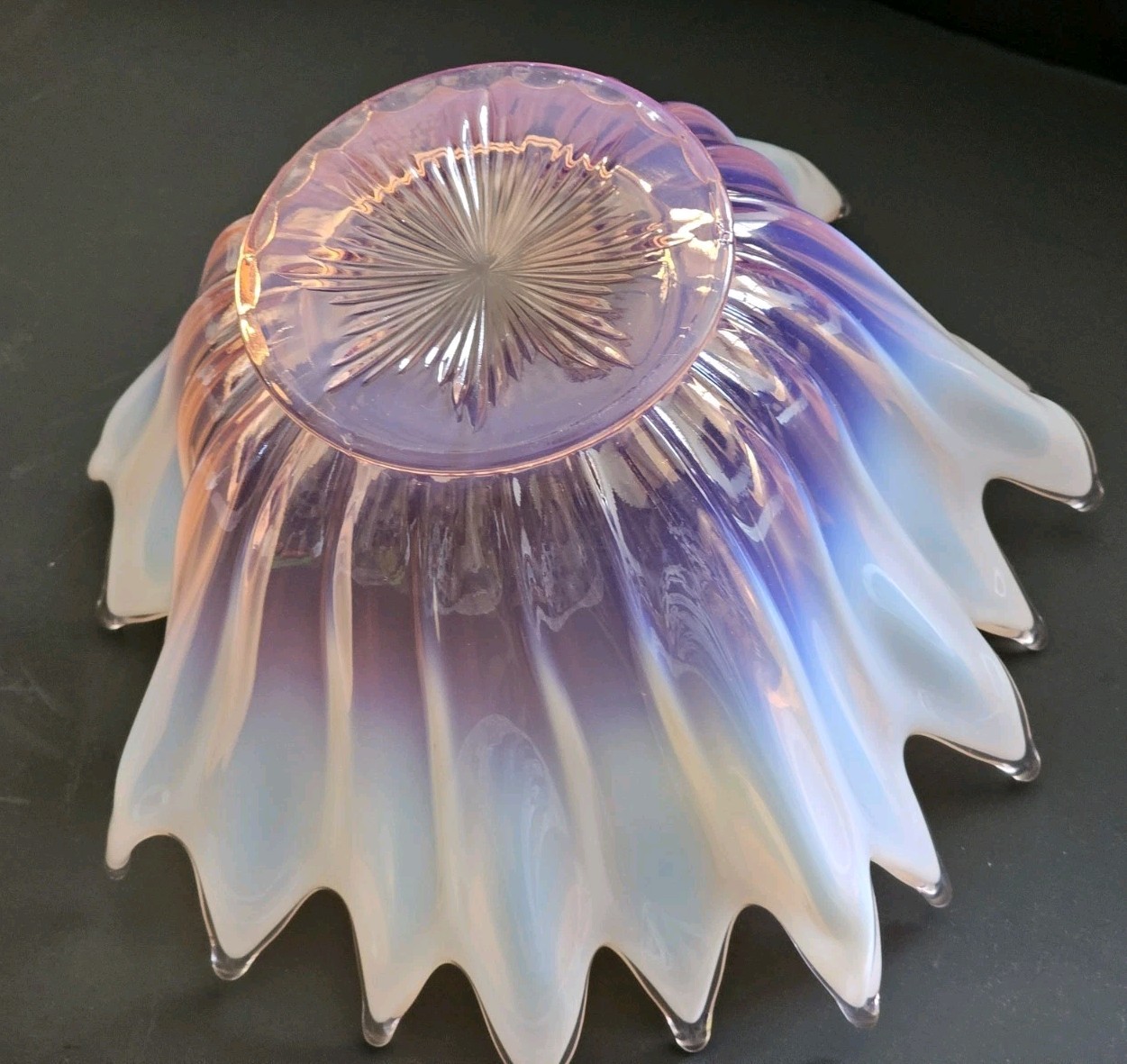 Beautiful Free Form Fostoria Heirloom Pink/Peach and White Opalescent Bowl