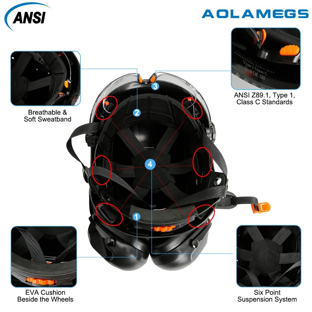 Carbon Fiber Safety Helmet With Build in Visor Earmuffs and Reflective Stickers