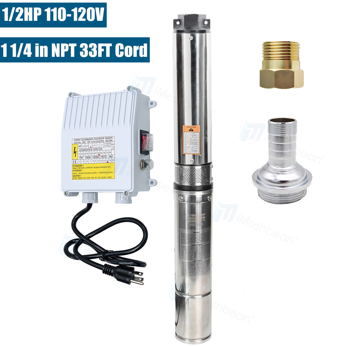 4'' Deep Well Submersible Pump,1/2HP, 110V, 25GPM, 150FT Hmax w/Control Box
