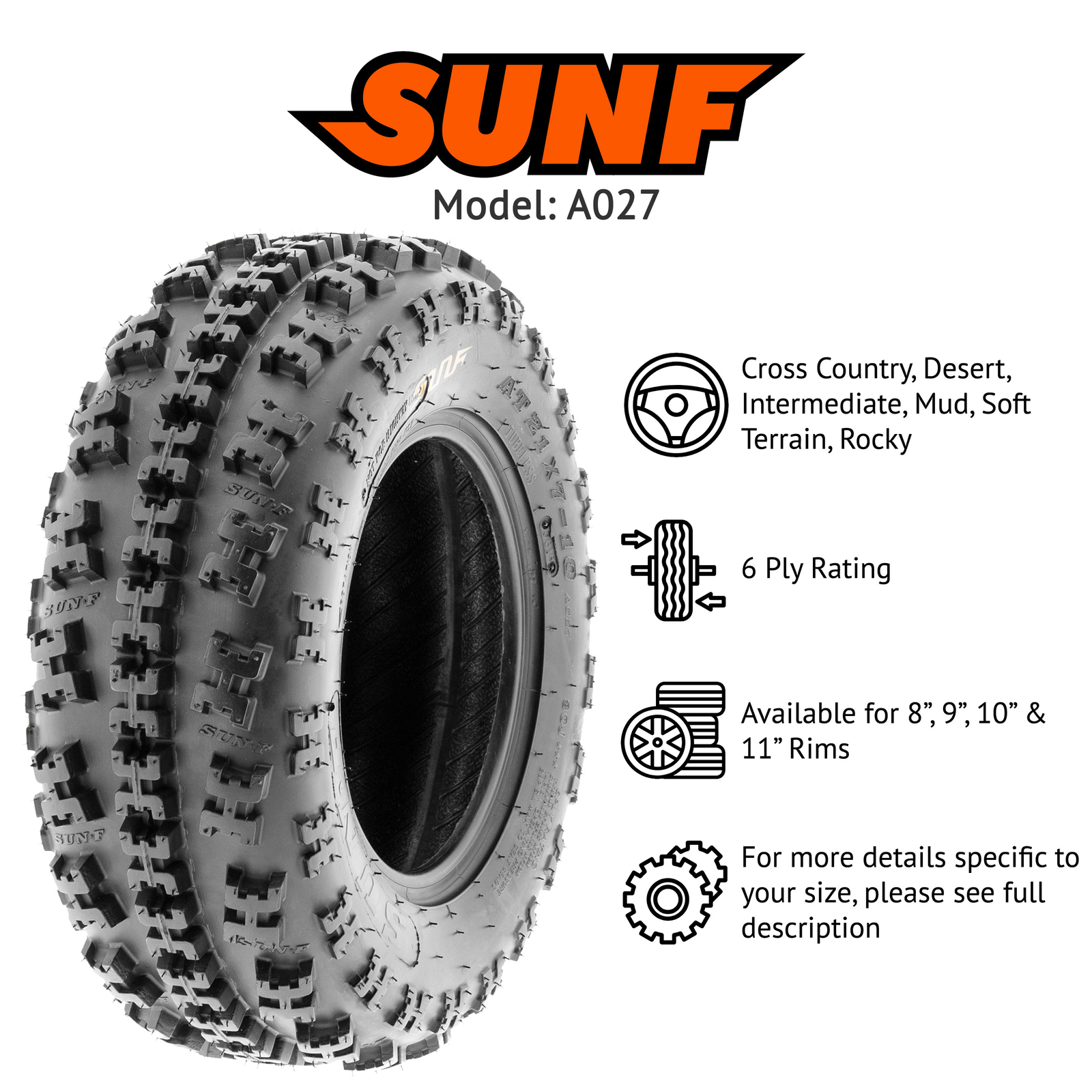 【2】SunF 21x7-10 ATV UTV Tires 21x7x10 Tubeless 6 Ply for 10 Rims - A027