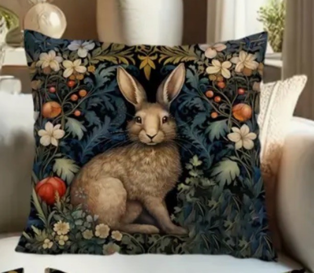 William Morris Abstract Floral Bunny Design Linen Throw Pillow Cover Home Decor