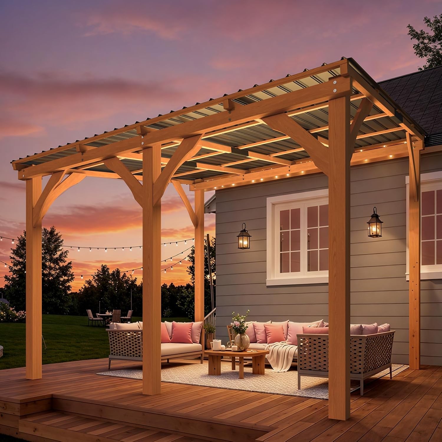 Outdoor Wood Gazebo for Patio, Outdoor Lean to Hardtop Cedar Pergolas/Gazebos
