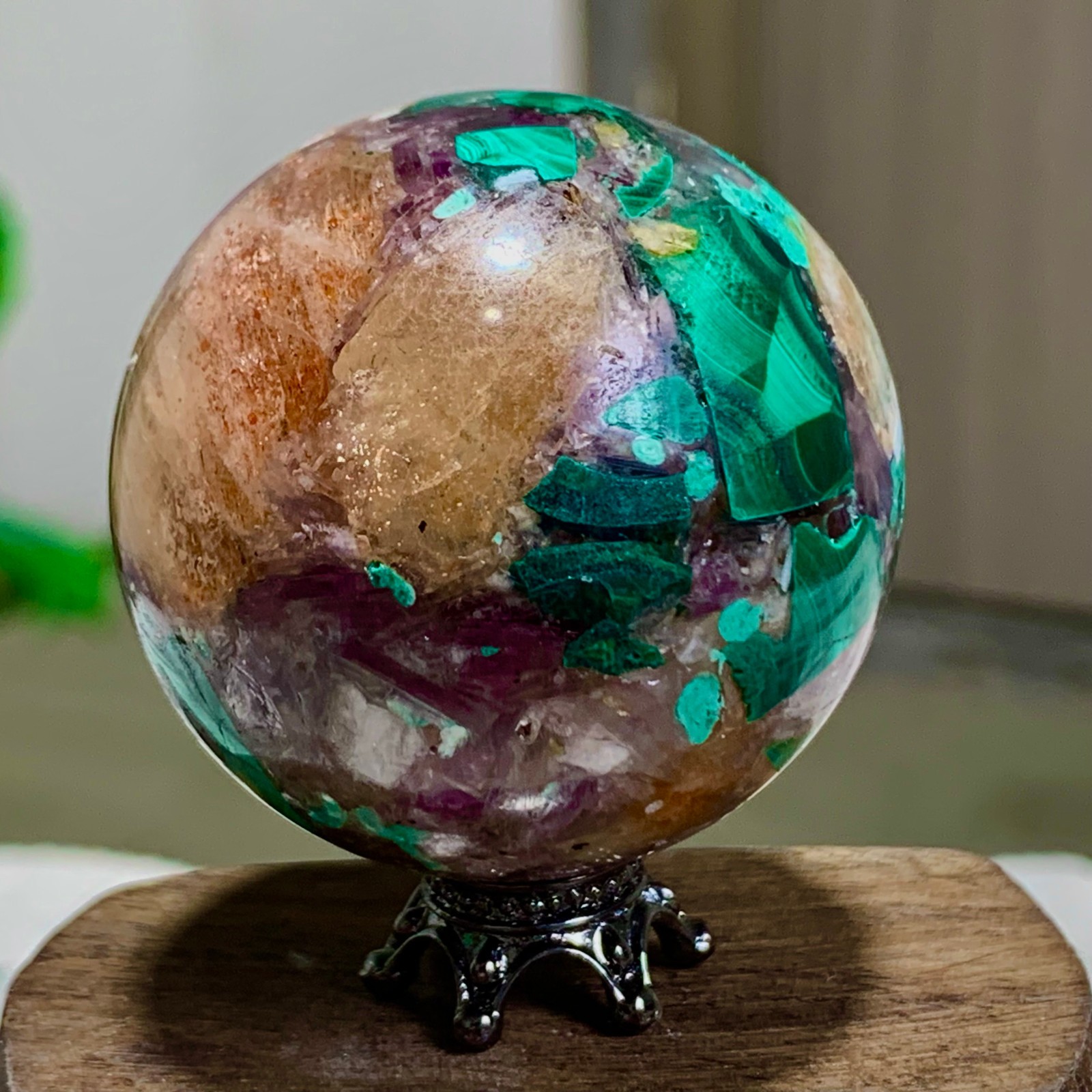 85G Newly discovered rare malachite purple mica symbiotic sphere restoration