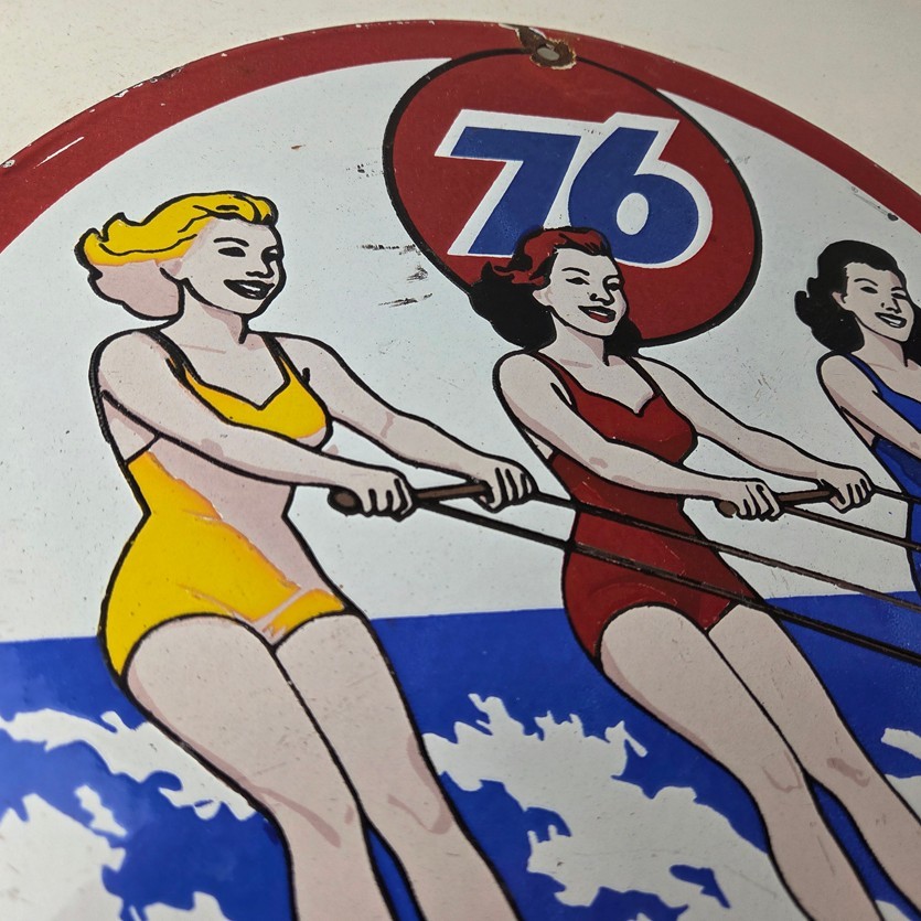 Vintage Union 76 Gasoline Sign - Porcelain Ski Show Gas Service Pump Sign