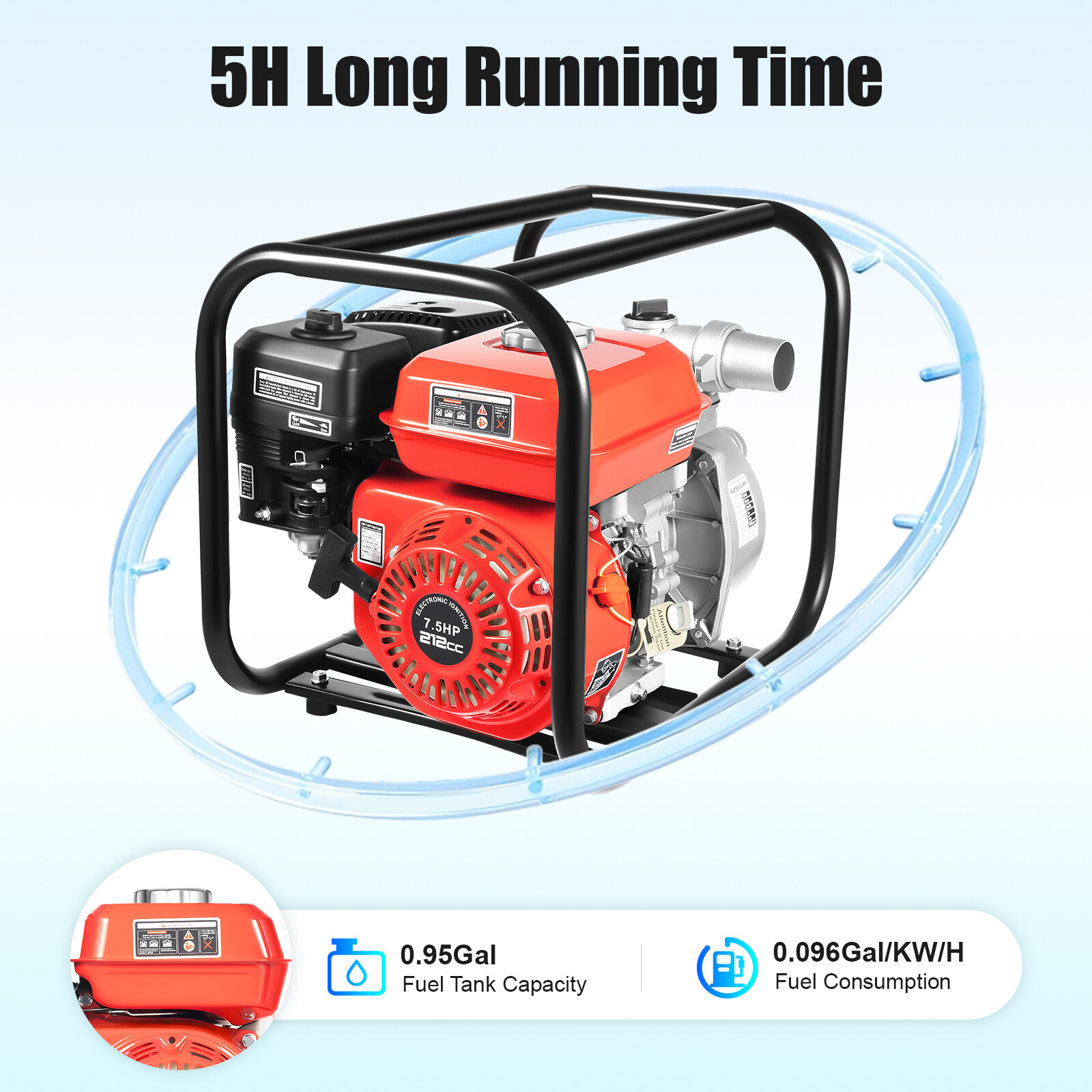 7.5 HP 2" Portable Gas-Powered Semi-Trash Water Pump Gasoline Water Pump 212CC