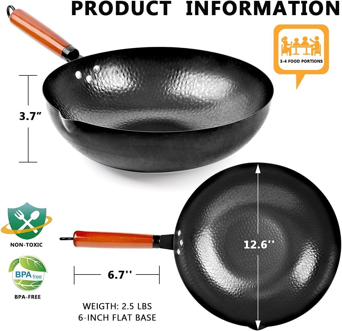 Carbon Steel Wok Pan, 14 Piece Woks &Stir-Fry Pans Set with Wooden Lid Cookwares