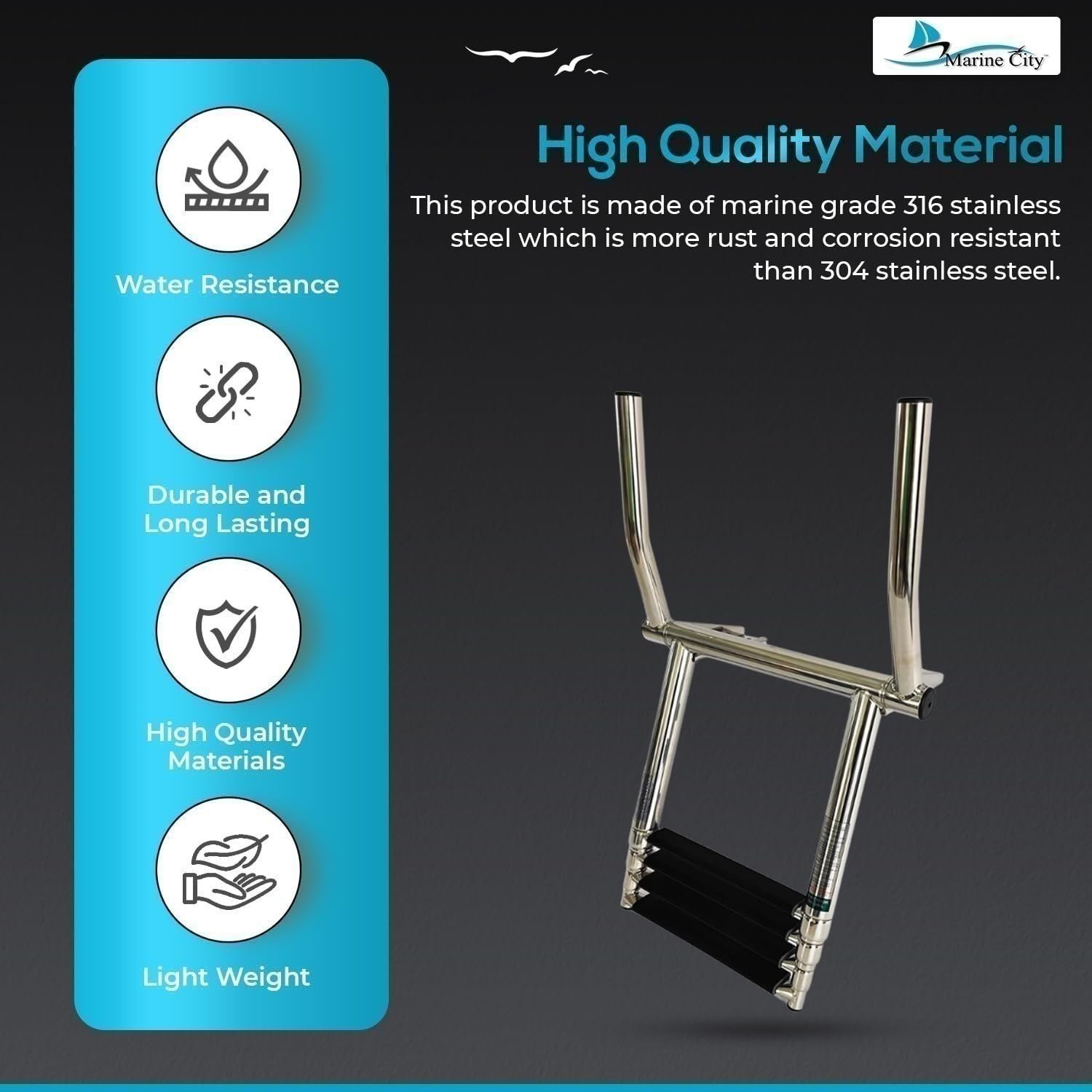 MARINE CITY 4 Step 316 Stainless Steel Telescoping Ladder w/ Handle for Boats