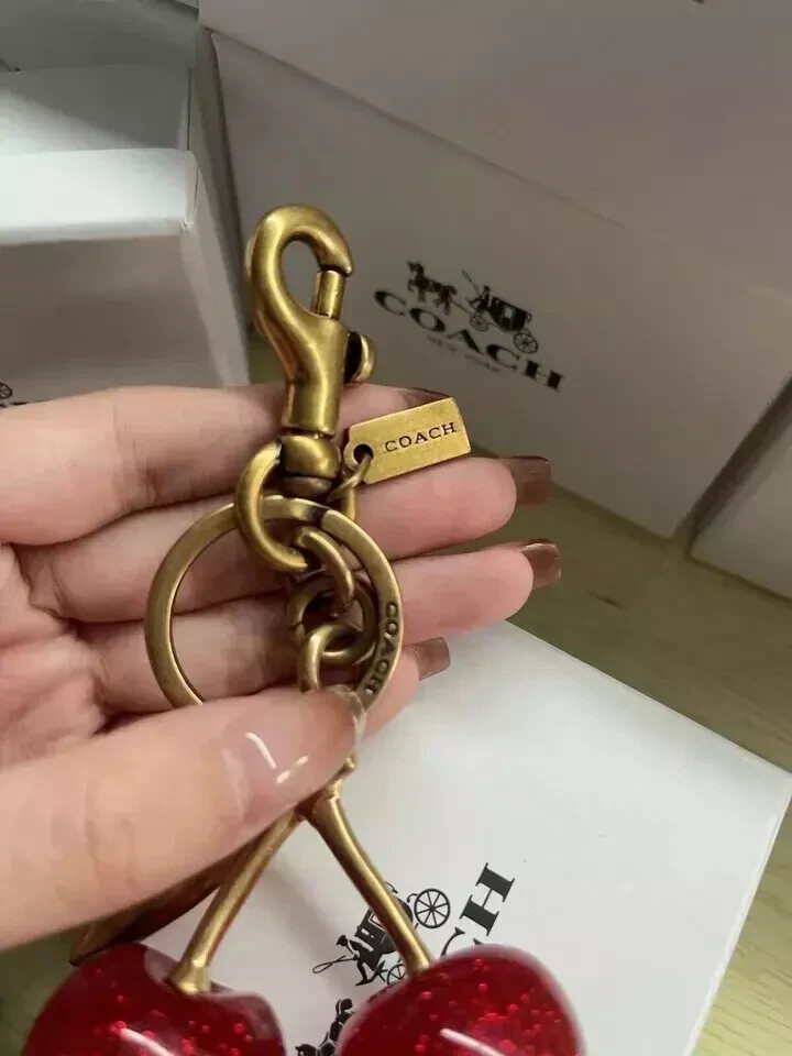 Cherry Bag Charm KeyChainCoachGlitter Resin Metal Brass Red Apple Gifts NIB