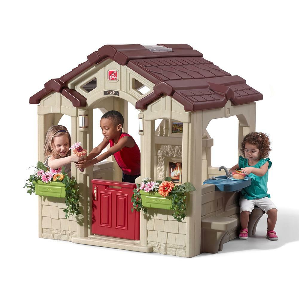 Kids Playhouse Outdoor Plastic Child Toddler Cottage Play House Toy W/ Fireplace