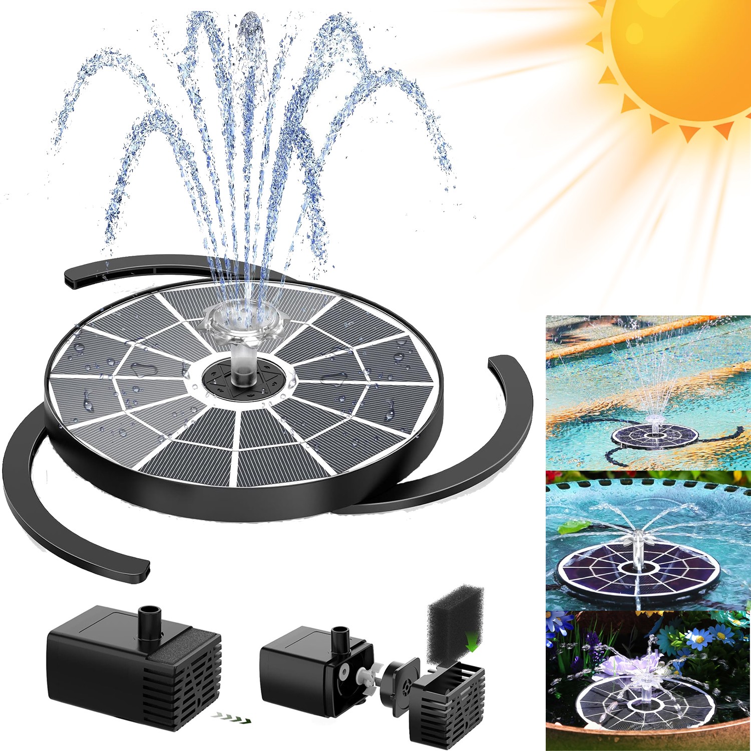 3.7W Solar Bird Bath Fountain Upgraded 6.3" Solar Glass Panel for Garden,g