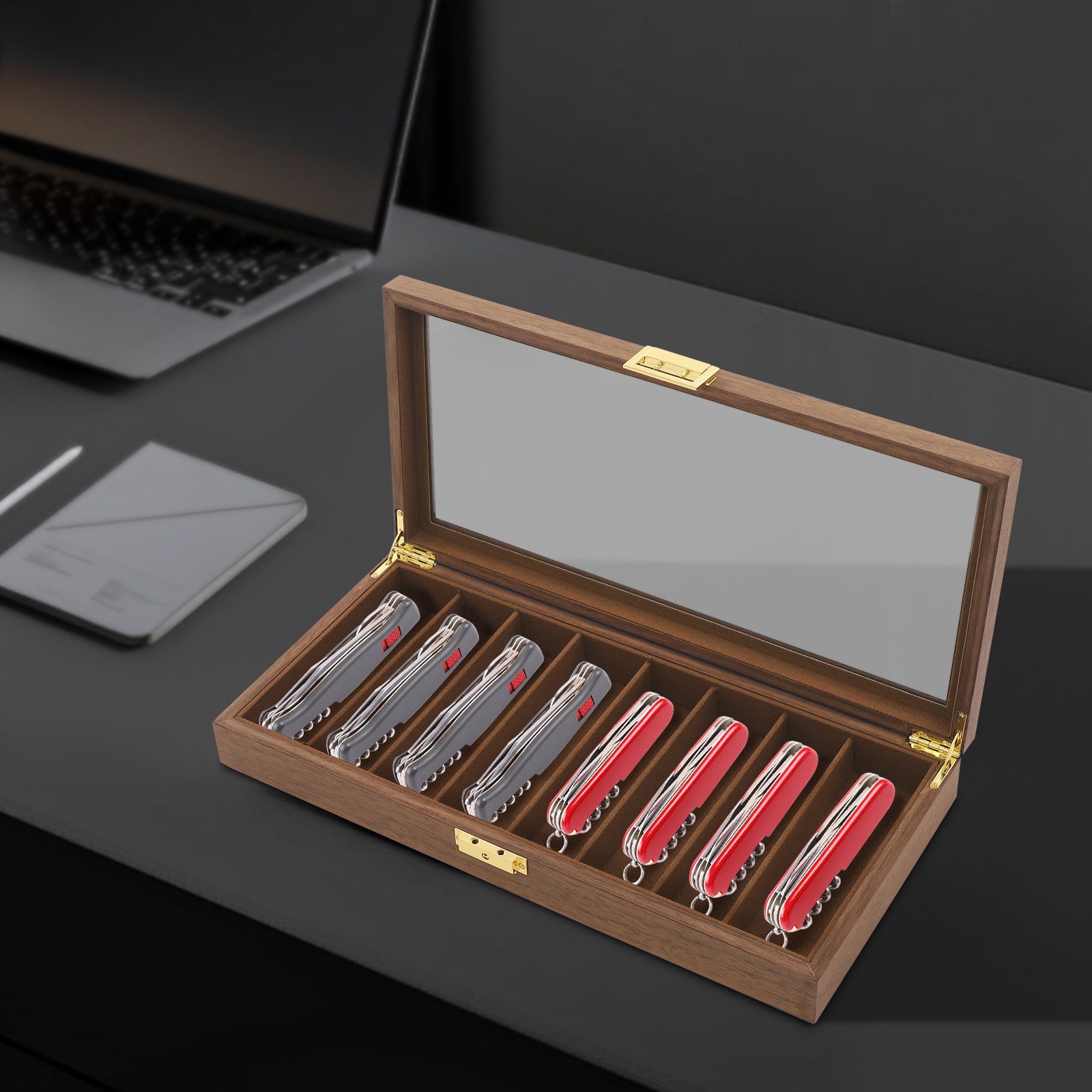 8 Compartment Knife Display Case 40*19*5 cm Glass Top Knife Storage Box