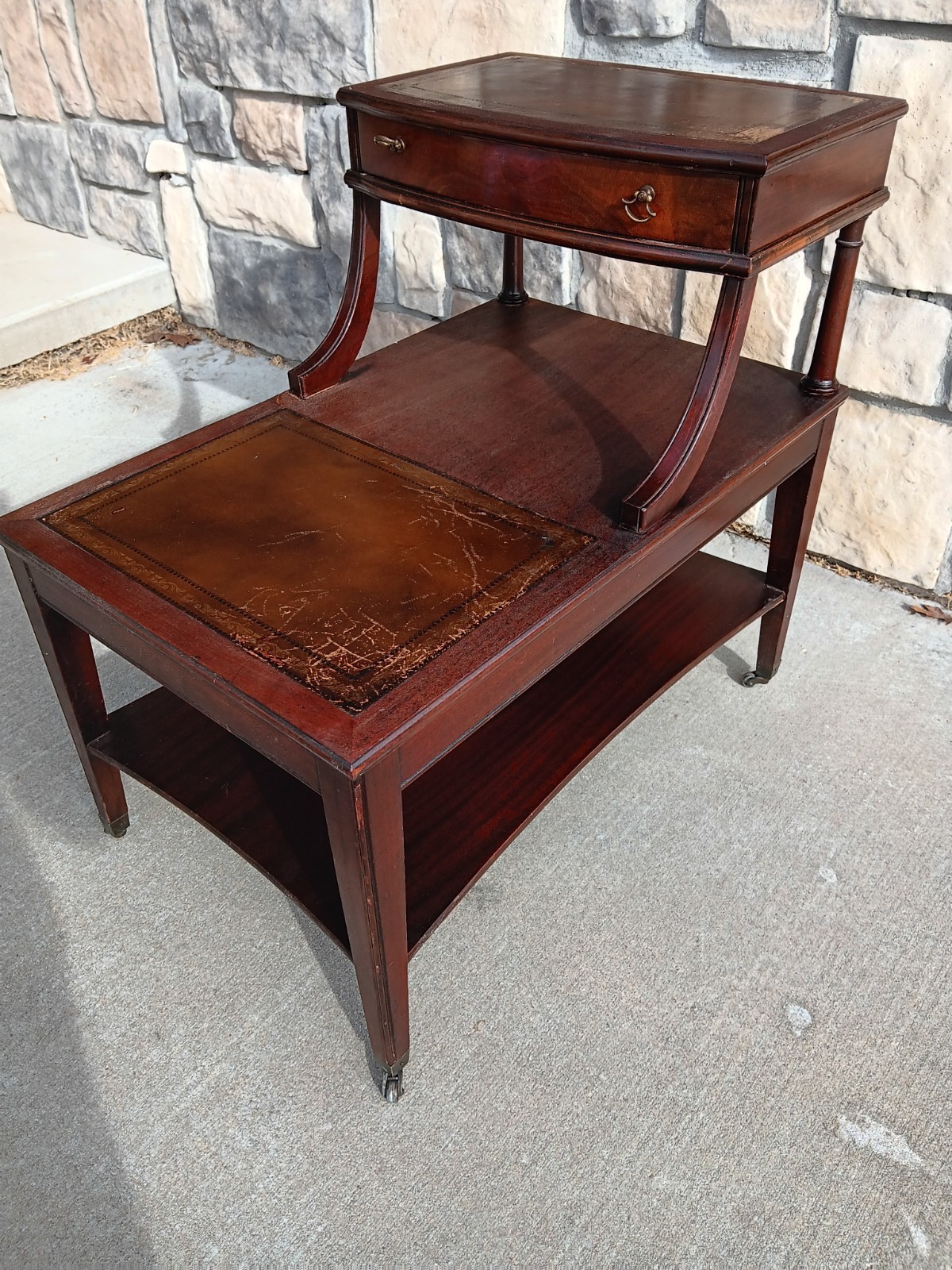 Walnut Carolina Co. Step End Table With Leather Top Drawer And Caster Wheels