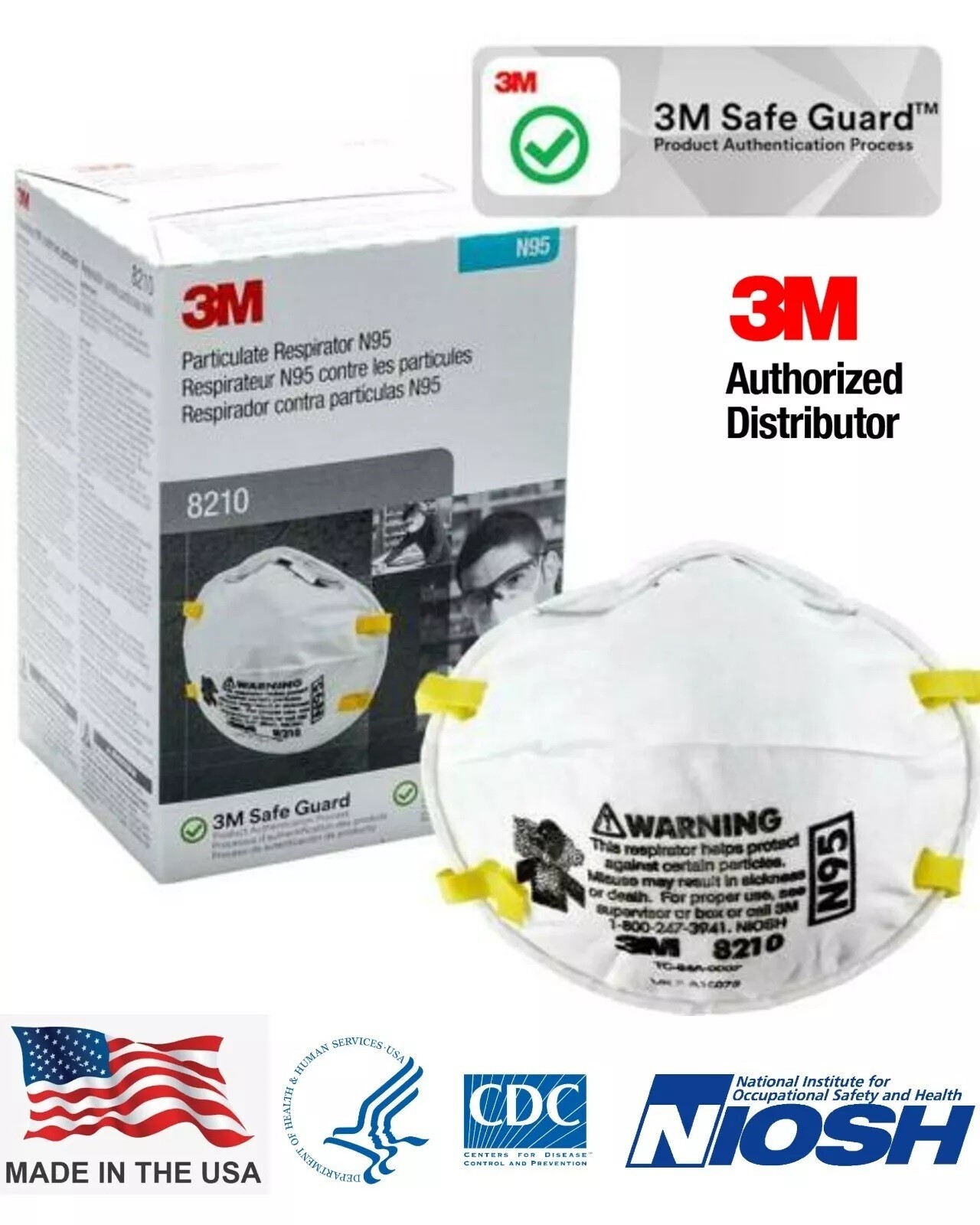 1- Box Of 20 3M 8210 N95 Disposable Protective Particulate Respirator Dust Mask