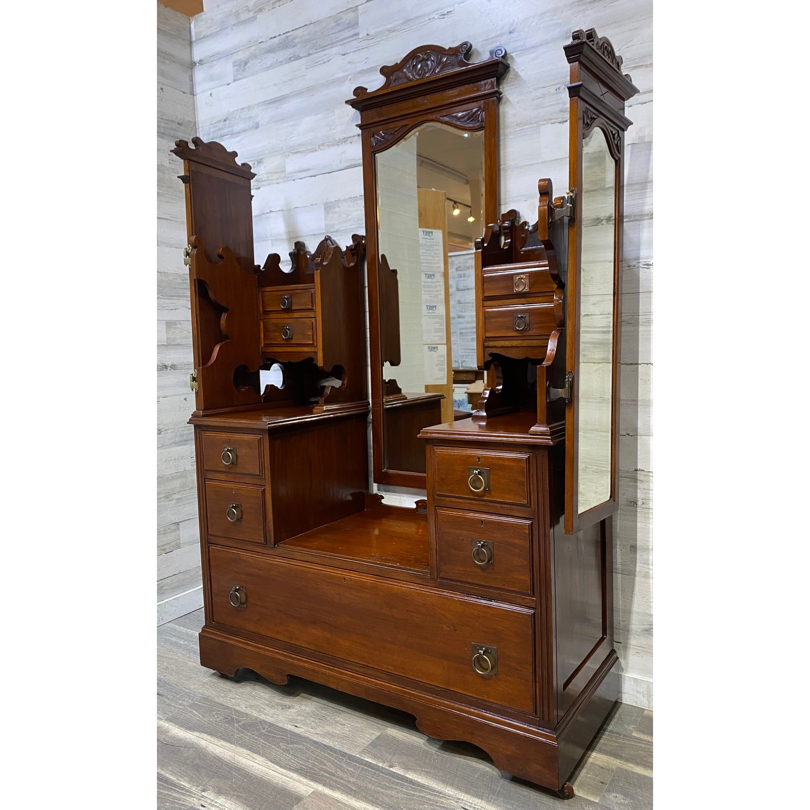 Antique Victorian Vanity Dresser Walnut Mirrors Late 1800s