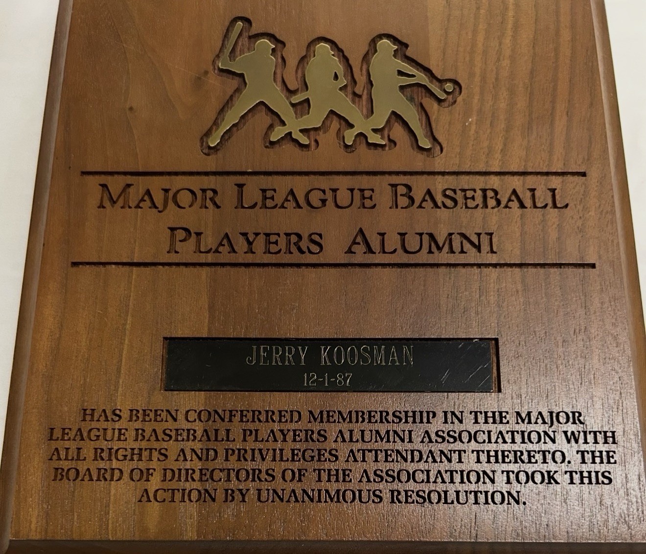 Jerry Koosman Personal Collection: MLB Players Alumni Association Plaque w/ LOP