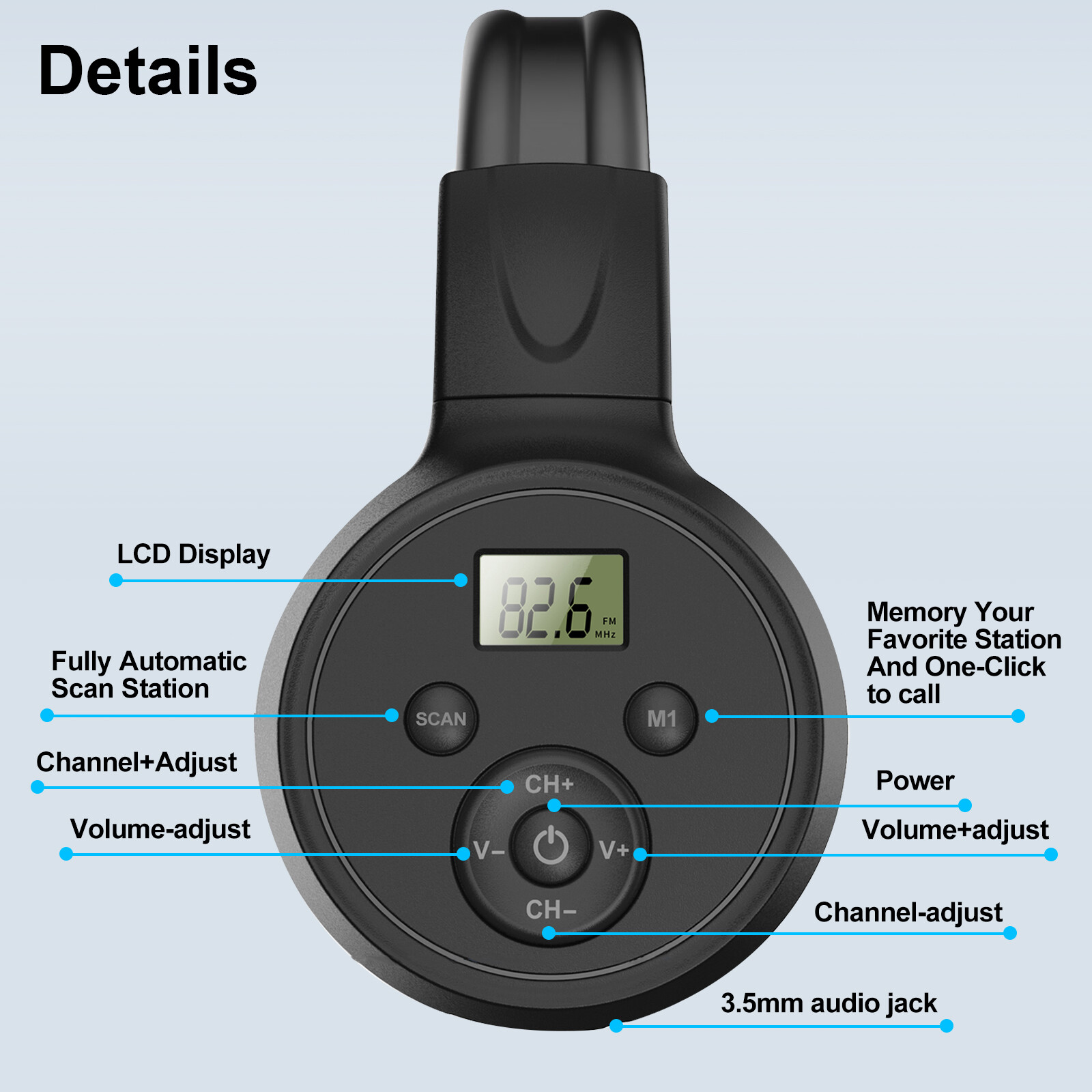 Wireless FM Radio Headphones 3.5mm Rechargeable Over-Ear Stereo Headset Foldable