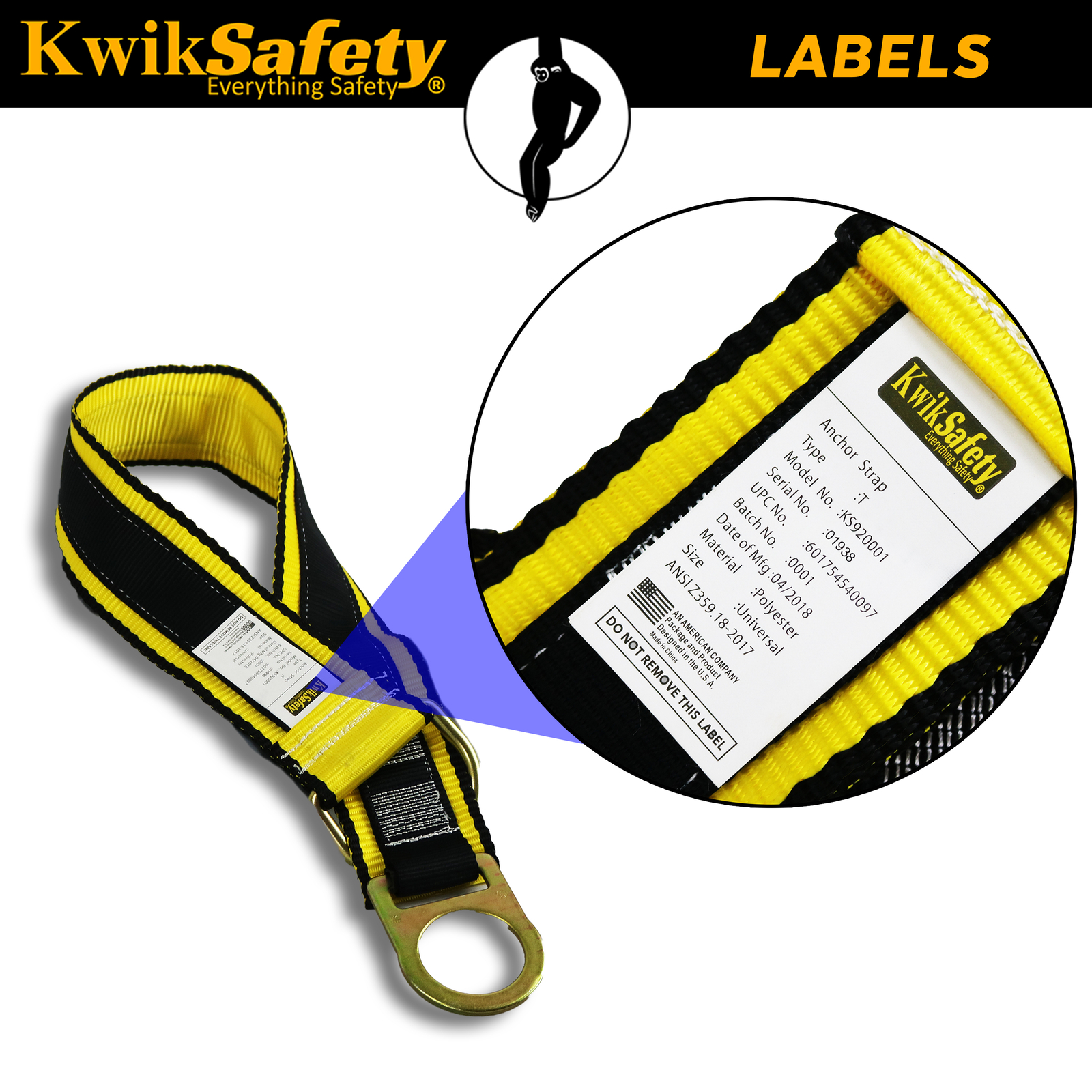 KwikSafety GIBBON GRIP 3ft ANSI Fall Protection Choker Cross Arm Strap Anchor