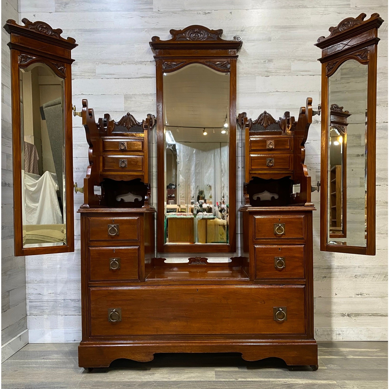 Antique Victorian Vanity Dresser Walnut Mirrors Late 1800s