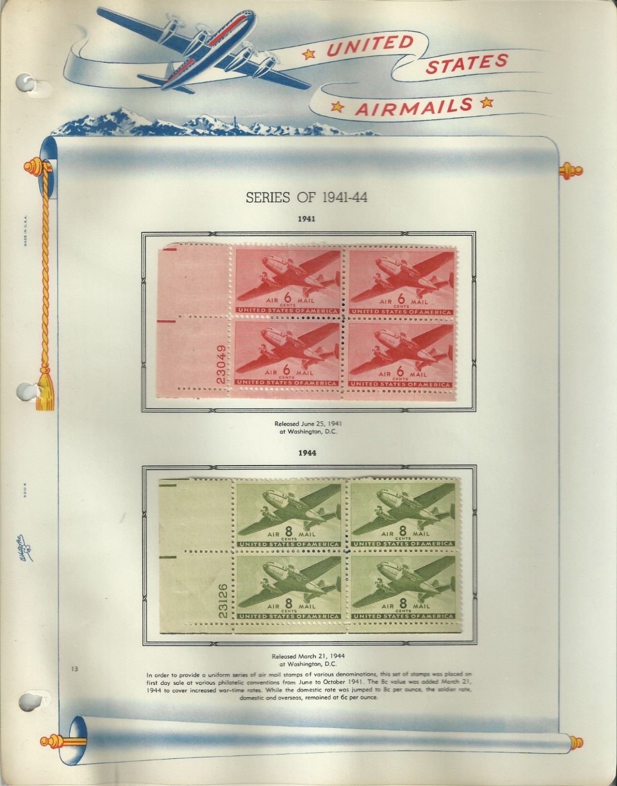 USA Stamps: Air Mail Plate Blocks & Singles on White Ace Album Pages. SCV $350+
